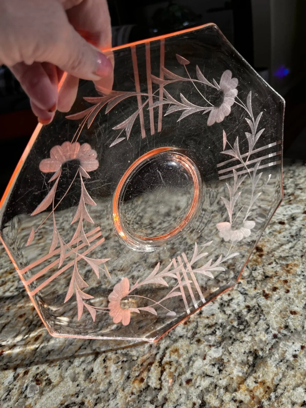 Vintage Pink Depression Glass Etched Floral Plate 10” Octagon Serving Dish
